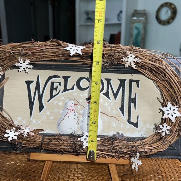 Christmas Holiday Winter Welcome Sign Snowmen , Twig Wreath W/ Metal Snowflakes - Picture 5 of 5